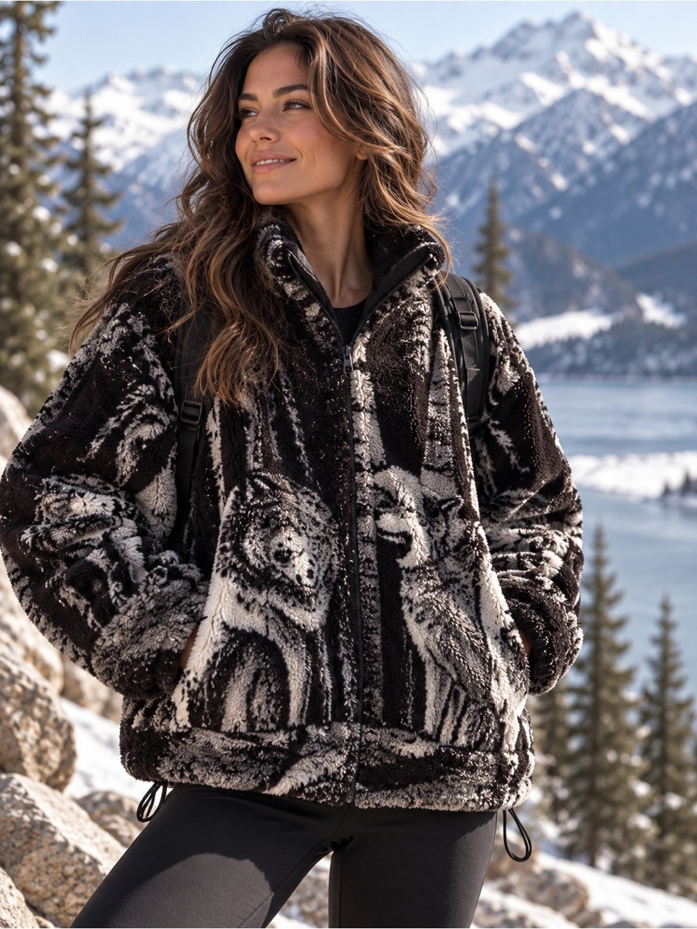 Vintage Wolf Print Sherpa Fleece Jacket Black & Grey Full Zip Outdoors